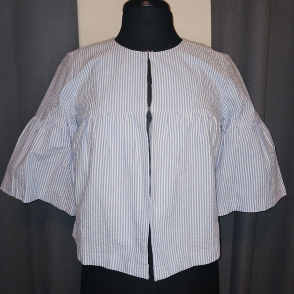 LOFT Outlet Blue‎ White Stripe Seersucker Bell Sleeve Cropped Loose fit Top XS